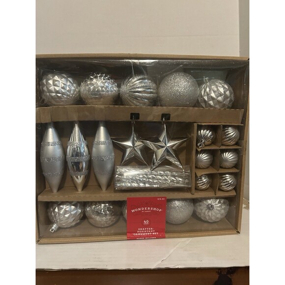 Wondershop 40 Piece Ornament Set Shatter Resistant Silver - Picture 1 of 7